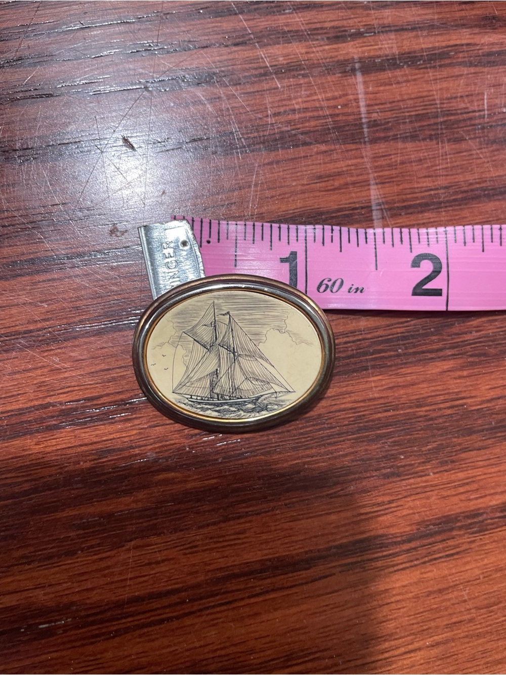 Gold Tone Ship Engraving Brooch Pin - Elegant Nautical Accent. BARLOW - Picture 2 of 3